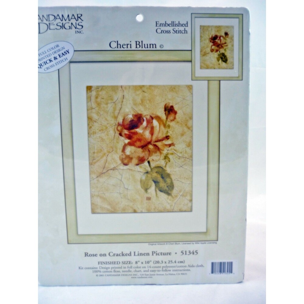 Candamar Embellished Cross Stitch Kit ROSE ON CRACKED LINEN #51345 8" x 10" New